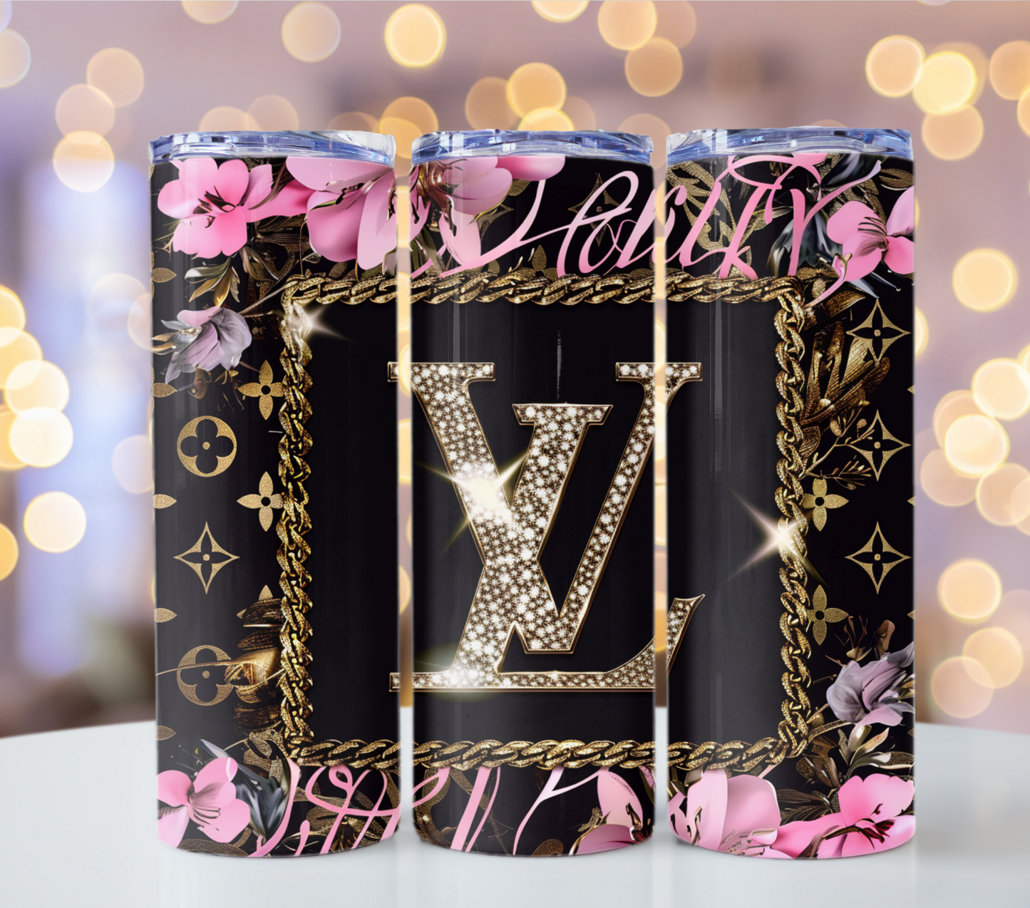 Louis Vuitton Black Pink Flower Lv Tumbler Wrap Logo Tumbler Wrap Glitter Seamless Pattern Tumbler Wrap Fashion Tumbler Wrap