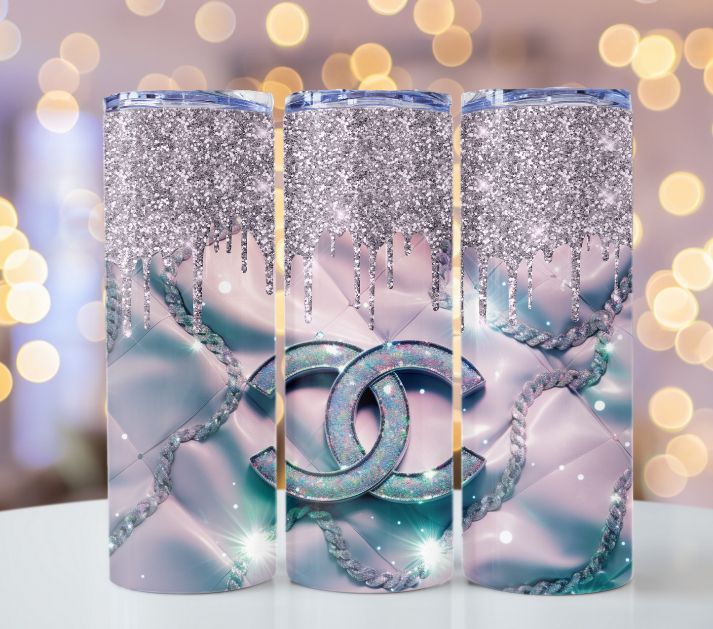 Blue Silver Glitter Drips 20oz Skinny Chanel Tumbler Wrap Fashion Tumbler Wrap Luxury Tumbler Wrap Glitter Tumbler Wrap