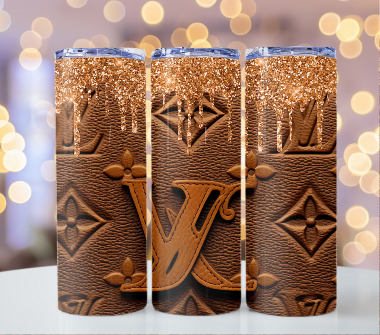 Sparkly Drips Luxury Brand Inspired Tumbler, Designer Monogram Print, Elegant Gold Coffee Mug, Travel Cup Gift