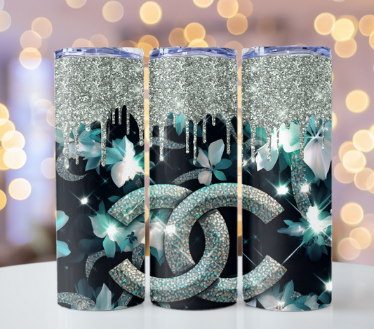 Black Green Crystal Drips 20oz Skinny Chanel PNG Chanel Tumbler Wrap Fashion Tumbler Wrap Luxury Tumbler Wrap Glitter Tumbler Wrap