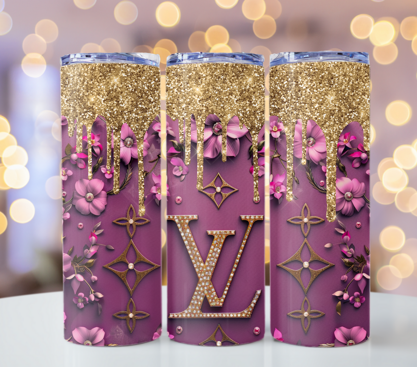 20oz Pink Gold Drips Tumbler Wrap Louis Vuitton Tumbler Wrap Glitter Seamless Pattern Chanel Tumbler Wrap Fashion Tumbler Wrap