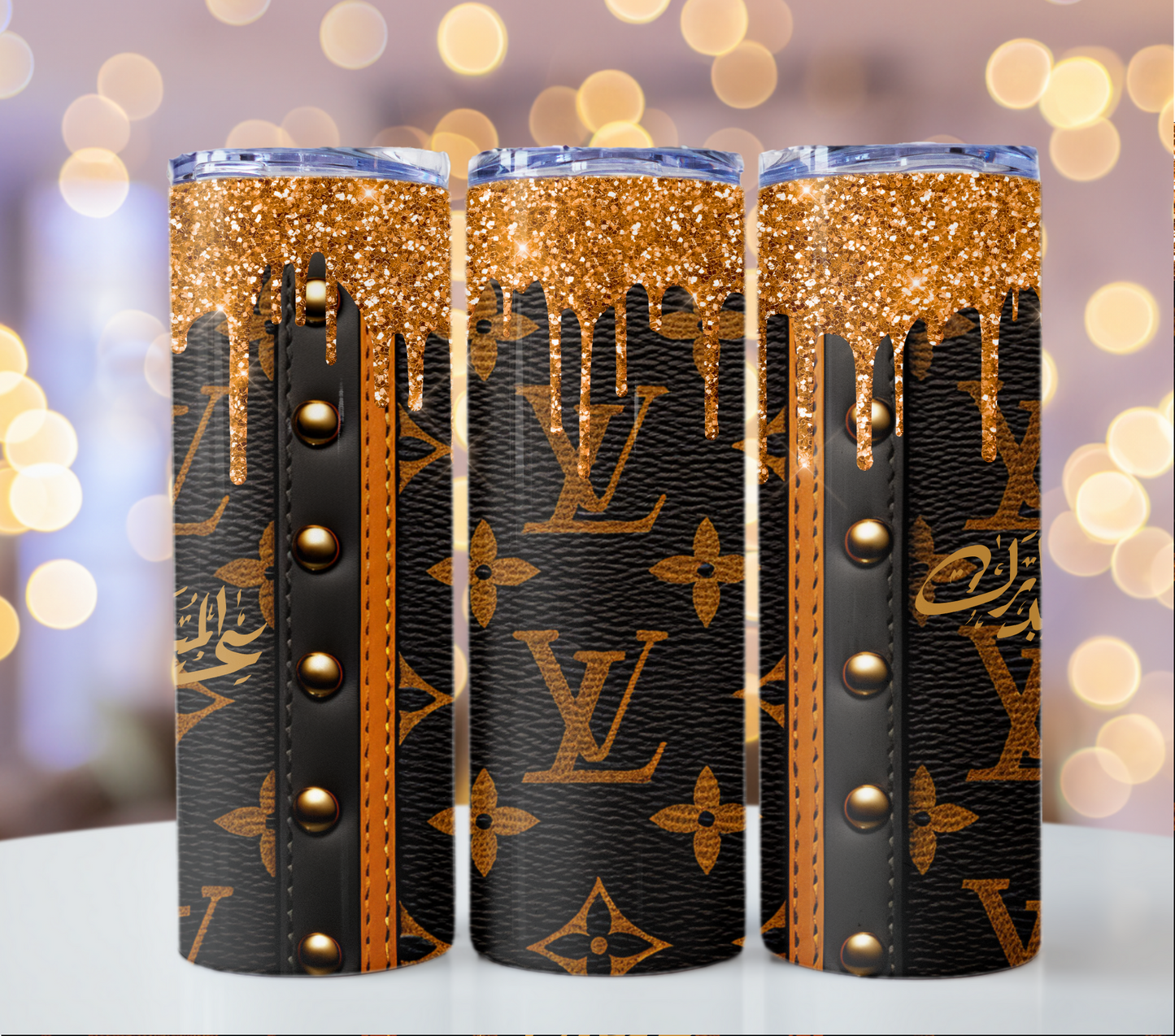 Sparkly Drips Luxury Brand Inspired Tumbler, Designer Monogram Print, Elegant Gold Coffee Mug, Travel Cup Gift