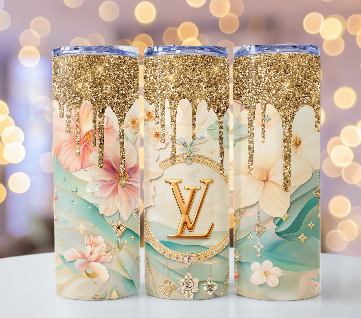 Beige White Flower Glitter Drips 20oz Skinny Louis Vuitton Tumbler Wrap Fashion Tumbler Wrap Luxury Tumbler Wrap Glitter Tumbler Wrap