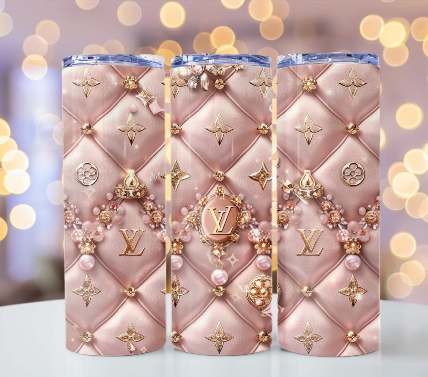 Crystal Beige Pink Gold 20oz Skinny Louis Vuitton Tumbler Wrap Fashion Tumbler Wrap Luxury Tumbler Wrap Glitter Tumbler Wrap