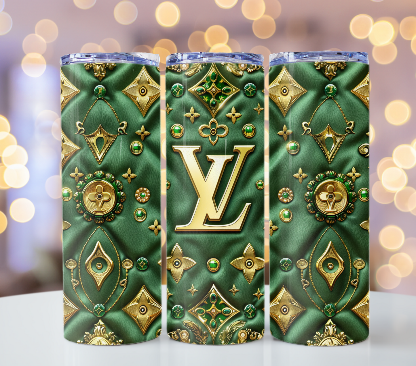 Metallic Green Gold 20oz Skinny Louis Vuitton Tumbler Wrap Fashion Tumbler Wrap Luxury Tumbler Wrap Glitter Tumbler Wrap