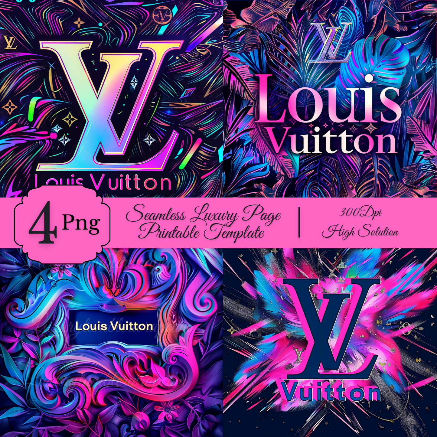 *0001 Luxury Louis Vuitton Seamless Tumbler Wrap Neon PNG Bundle | High-Resolution 300 DPI Templates (Set of 4)