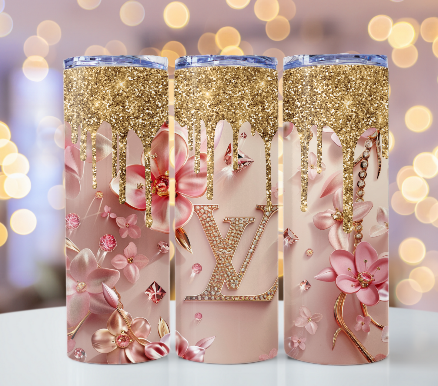 Pink Flower Gold Drips 20oz Skinny Lv PNG Louis Vuitton Tumbler Wrap Fashion Tumbler Wrap Luxury Tumbler Wrap Glitter Tumbler Wrap