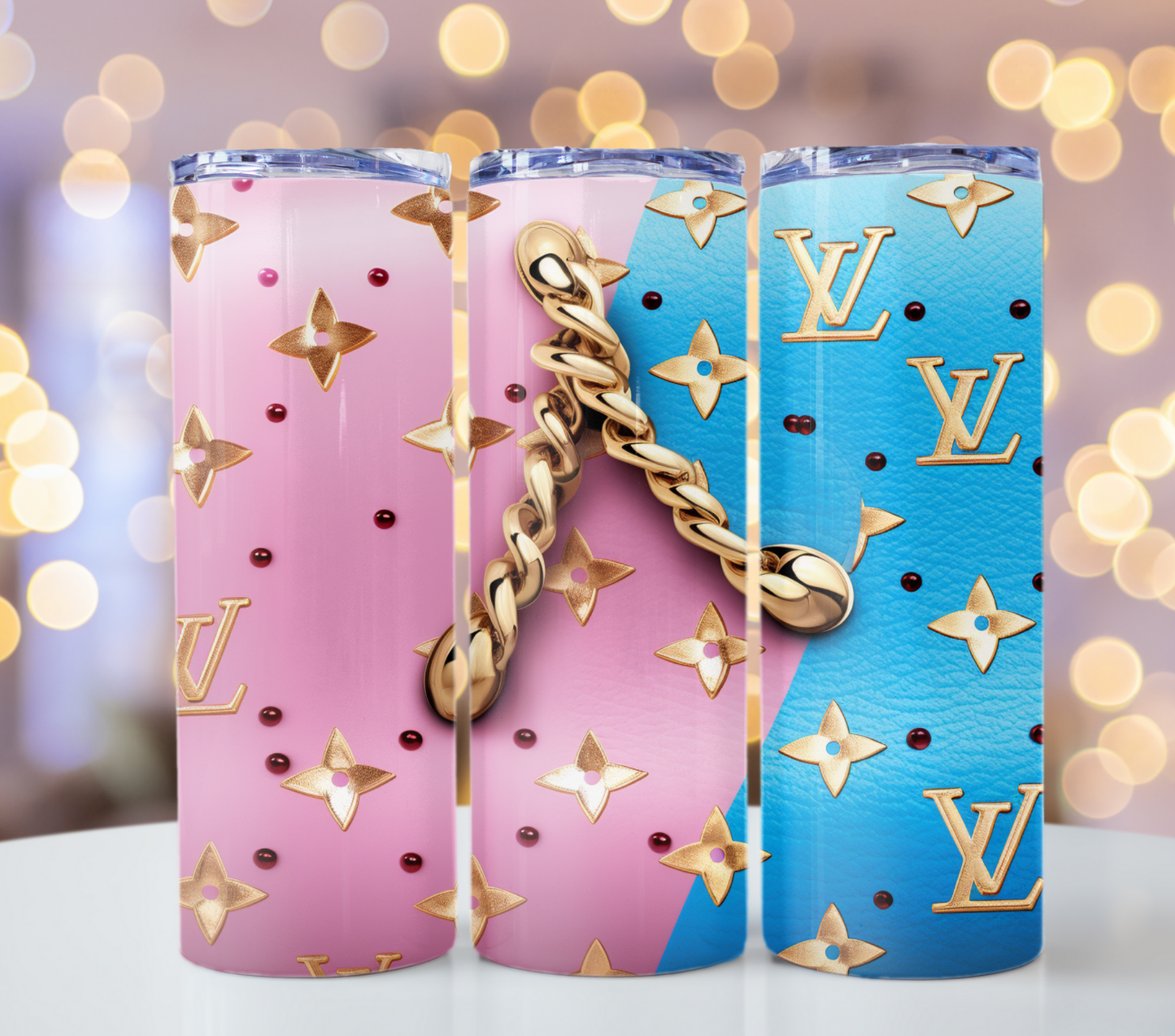 Pink Blue Gold Chain Tumbler Sublimation Designs Beautifully Crafted Louis Vuitton 20oz Tumbler Wrap Designs for Fashion Tumblers with Pattern Wallpaper