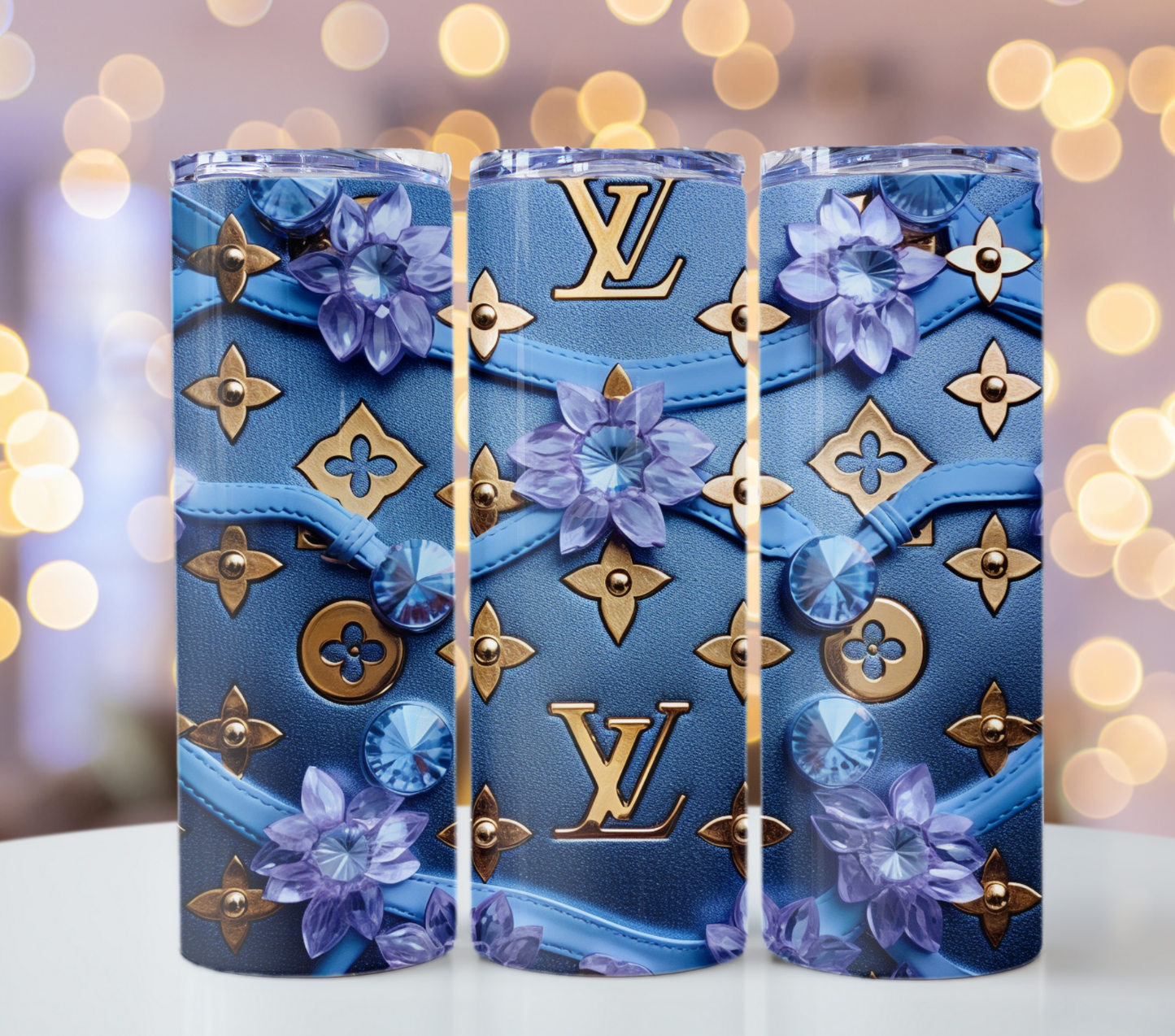 Metallic Blue Gold Flower Premium Louis Vuitton 20oz Tumbler Wrap Designs PNG – Fashion Tumbler Essentials with Pattern Wallpaper