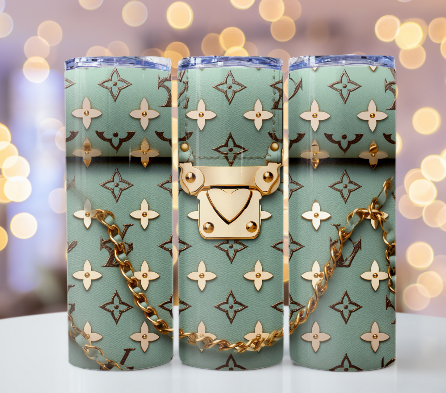 Green Gold Bag Pattern Tumbler Wrap Sublimation Printable Creative Fashion Tumbler Designs – Louis Vuitton 20oz Tumbler Wrap PNG with Pattern Wallpaper