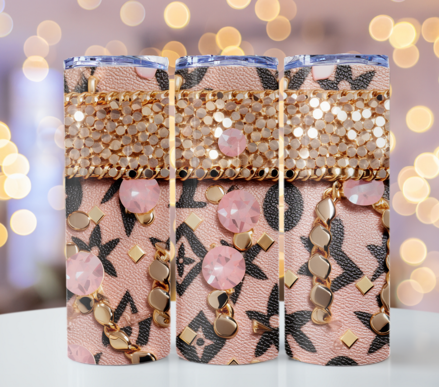 Crystal Pink Brown Gold 20oz Skinny Louis Vuitton Tumbler Wrap Fashion Tumbler Wrap Luxury Tumbler Wrap Glitter Tumbler Wrap