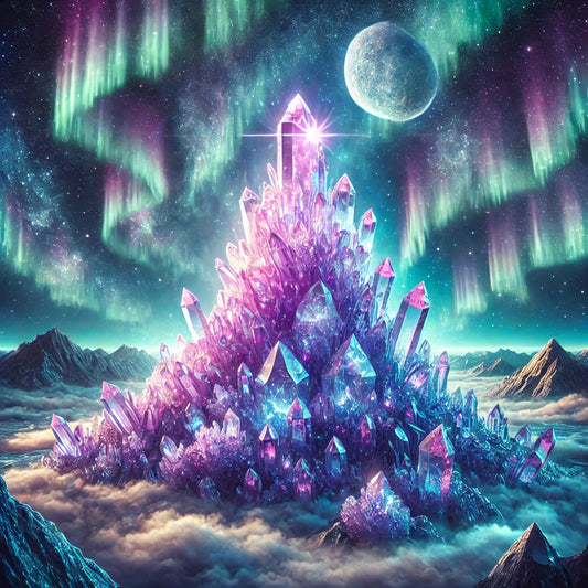 Where dreams are made of crystals ✨🏔️ A glowing mountain of amethyst and auroras. #CrystalMountain #SurrealWonder #EtherealBeauty #CosmicScene