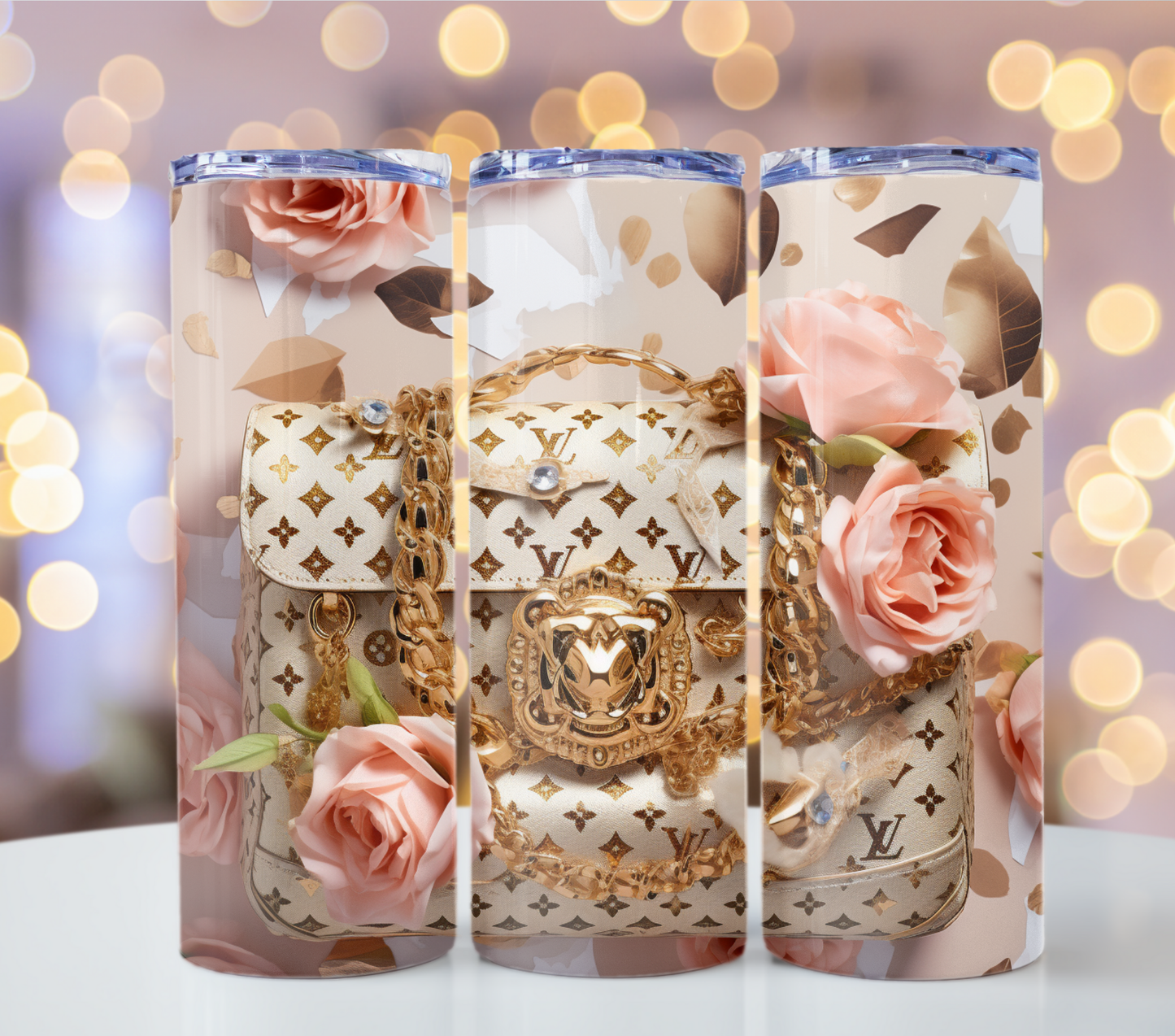 Floral Flower Bag Gold 20oz Skinny Louis Vuitton Tumbler Wrap Fashion Tumbler Wrap Luxury Tumbler Wrap Glitter Tumbler Wrap