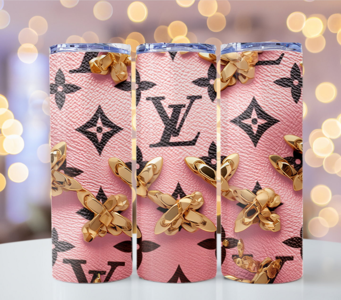 Crystal Pink Gold 20oz Skinny Louis Vuitton Tumbler Wrap Fashion Tumbler Wrap Luxury Tumbler Wrap Glitter Tumbler Wrap