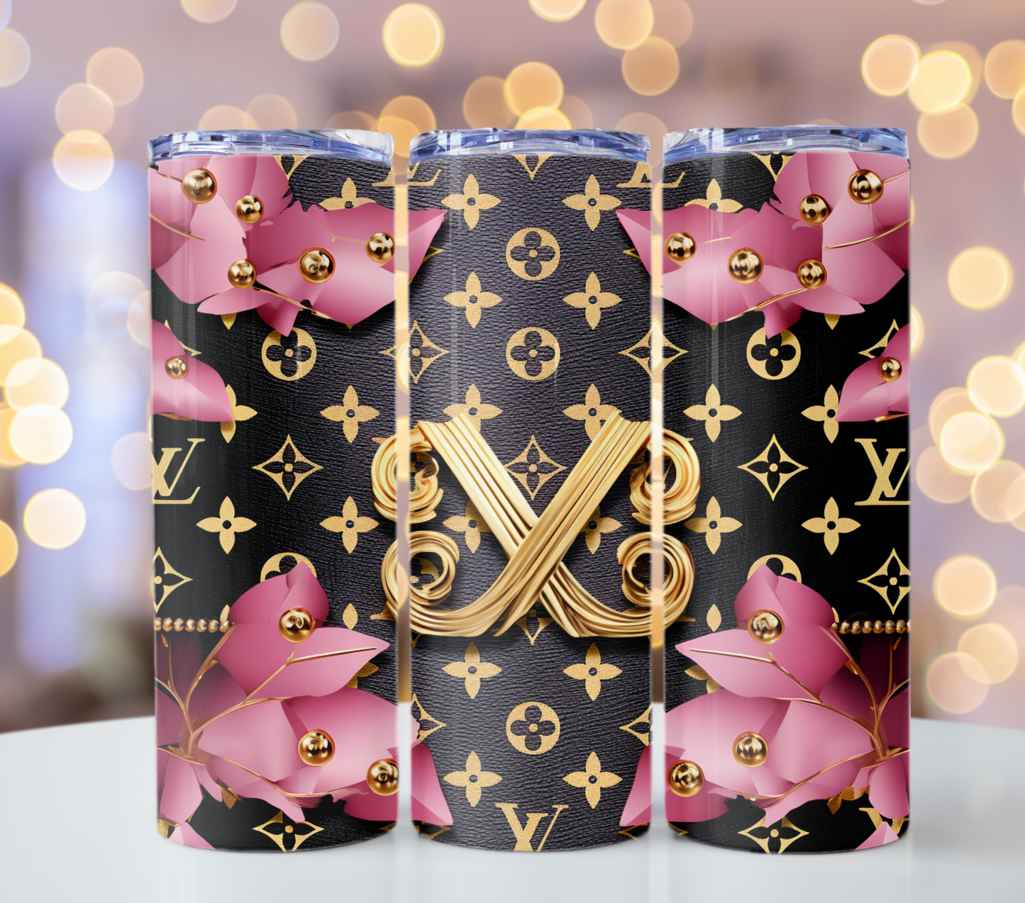 Louis Vuitton Brown Pink Lv Tumbler Wrap Logo Tumbler Wrap Glitter Seamless Pattern Tumbler Wrap Fashion Tumbler Wrap