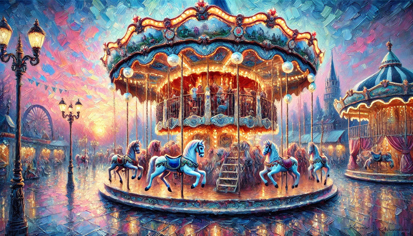 Magical Wallpaper Vintage Carousel at Twilight#vintagecarousel #carouselart #pasteltones #afremovstyle #nostalgicart #oilpainting #twilightsky #pastellights