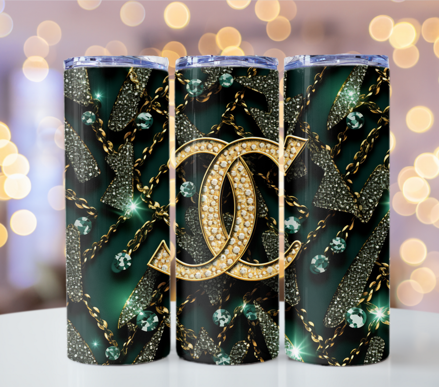 Crystal Green Gold 20oz Skinny Chanel Tumbler Wrap Fashion Tumbler Wrap Luxury Tumbler Wrap Glitter Tumbler Wrap