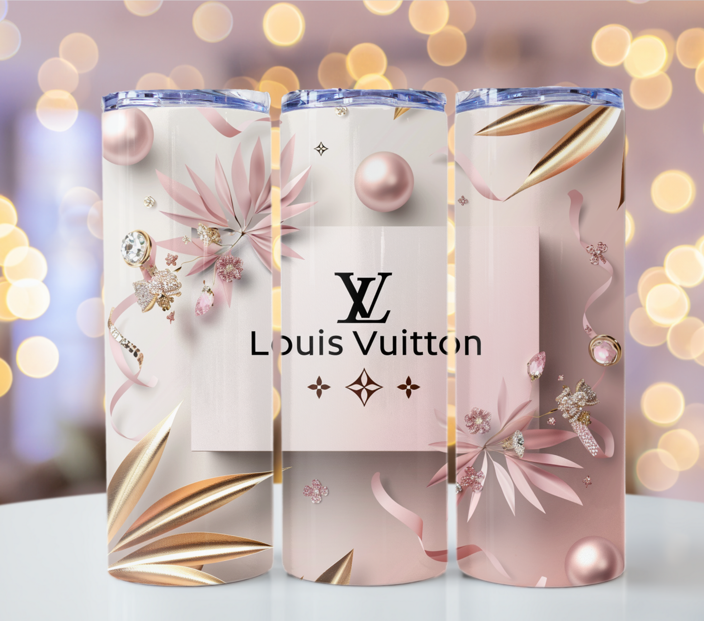 Louis Vuitton Pink Crystal Gold Lv Tumbler Wrap Logo Tumbler Wrap Glitter Seamless Pattern Tumbler Wrap Fashion Tumbler Wrap