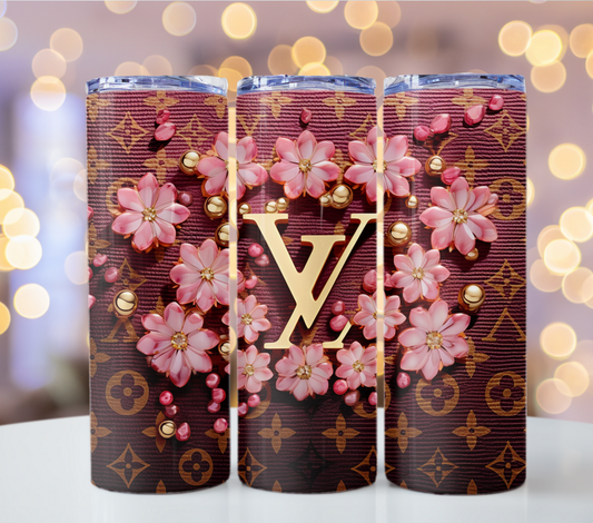 Louis Vuitton Pink Brown Flower Lv Tumbler Wrap Logo Tumbler Wrap Glitter Seamless Pattern Tumbler Wrap Fashion Tumbler Wrap