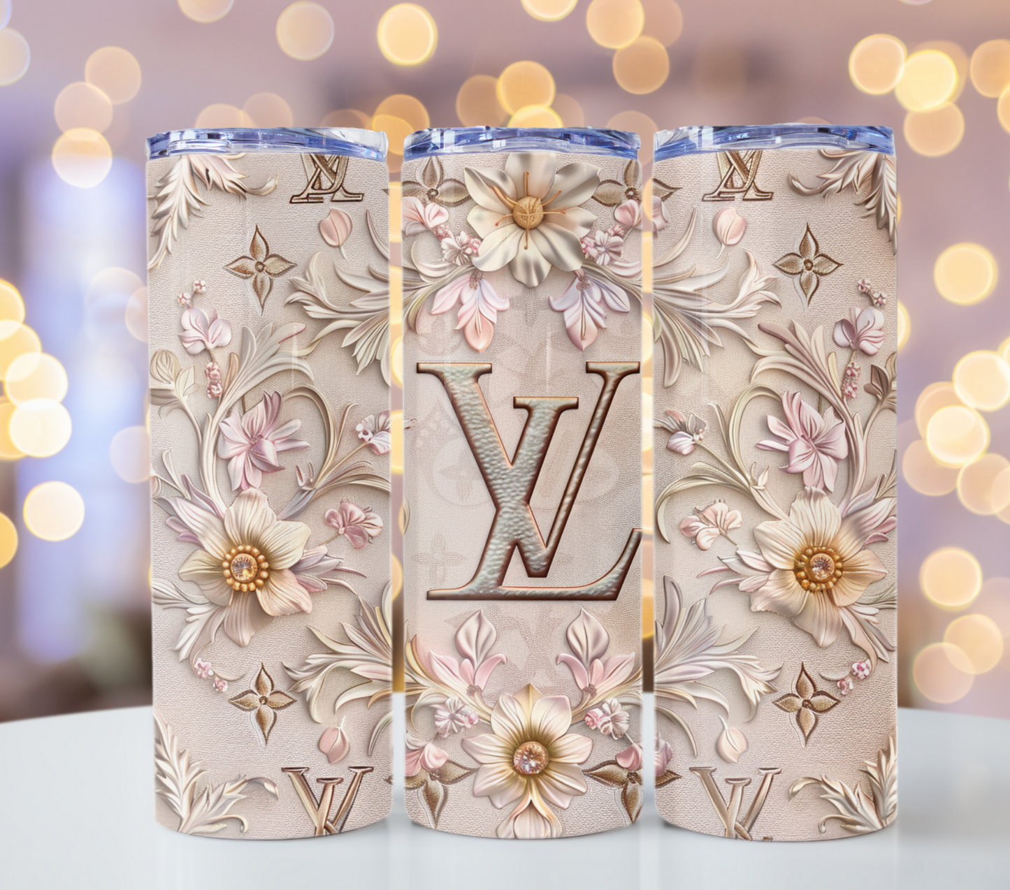 Beige Flower Tumbler Wrap Sublimation Printable Designer High-Quality Louis Vuitton 20oz Tumbler Wrap Designs – Fashion Tumbler PNG Files with Pattern Wallpaper