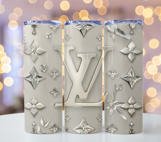 Metallic Beige Flower Tumbler Sublimation Designs Premium Louis Vuitton 20oz Tumbler Wrap Designs PNG – Fashion Tumbler Essentials with Pattern Wallpaper