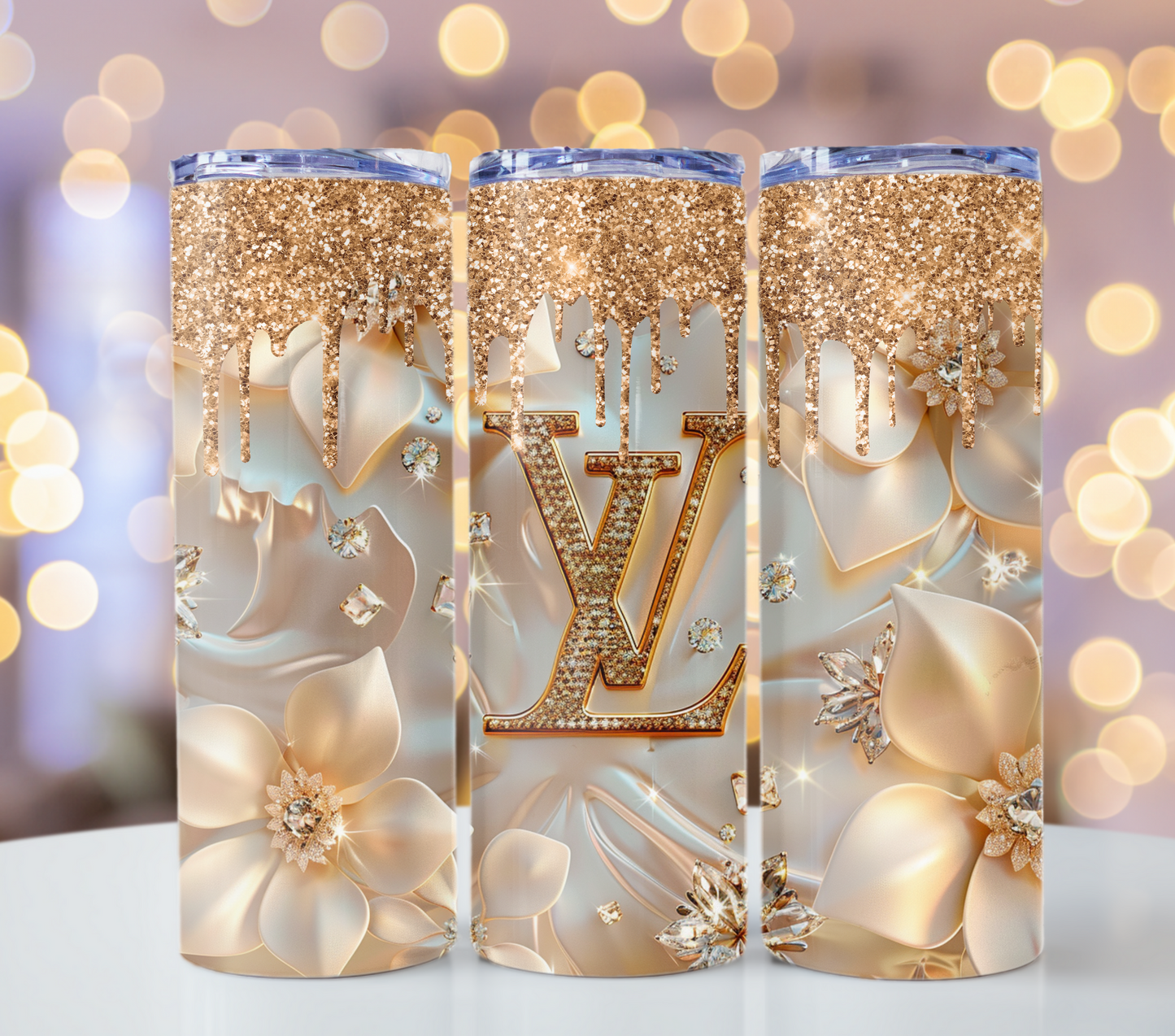 Beige White Flower Gold Glitter Drips 20oz Skinny Louis Vuitton Tumbler Wrap Fashion Tumbler Wrap Luxury Tumbler Wrap Glitter Tumbler Wrap