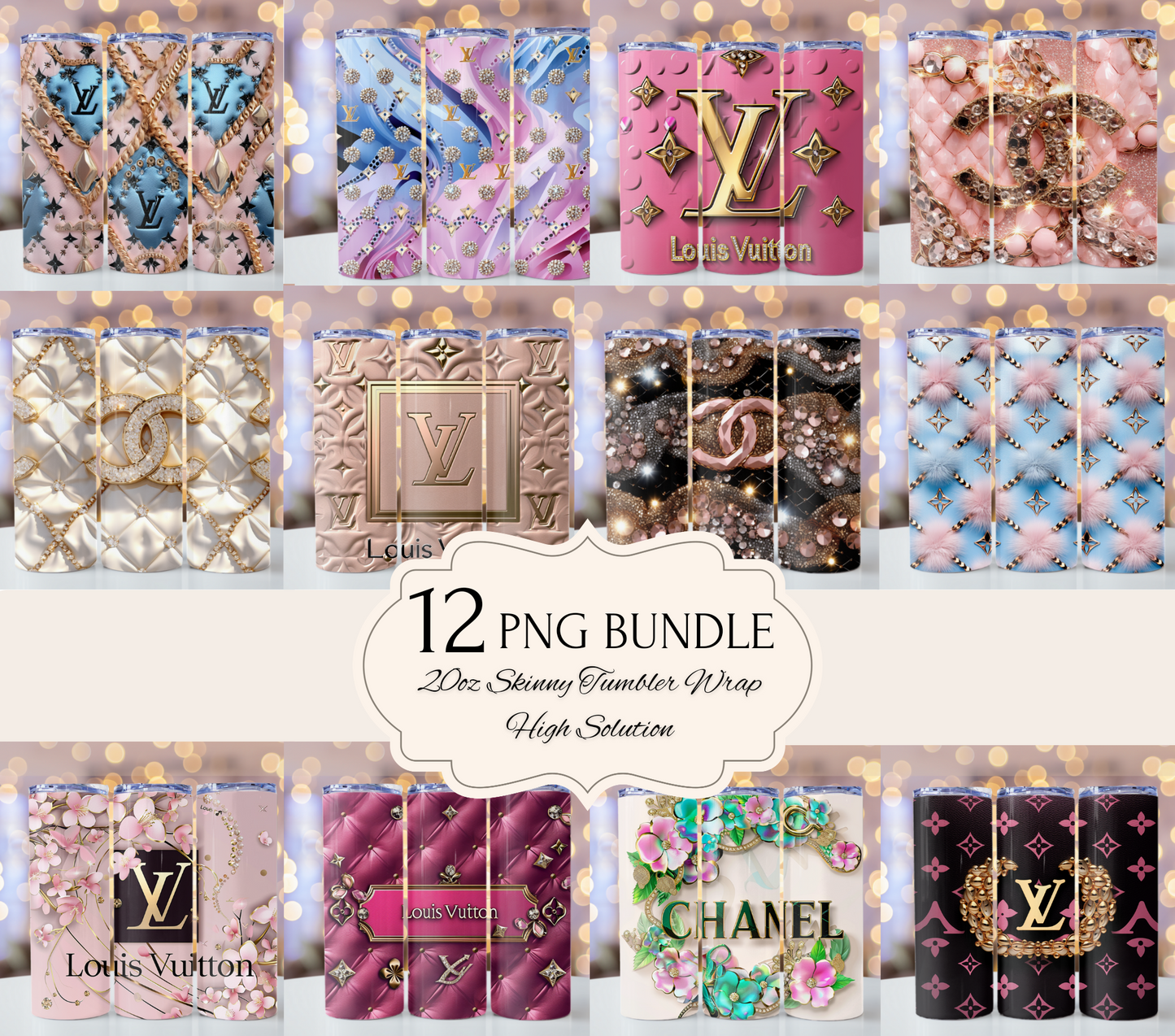 Pcs. 12PNG Bundle Sparkle Flower Gold Logo 20oz Skinny Louis Vuitton Tumbler Wrap Fashion Tumbler Wrap Luxury Tumbler Wrap Glitter Tumbler Wrap Chanel Tumbler Wrap