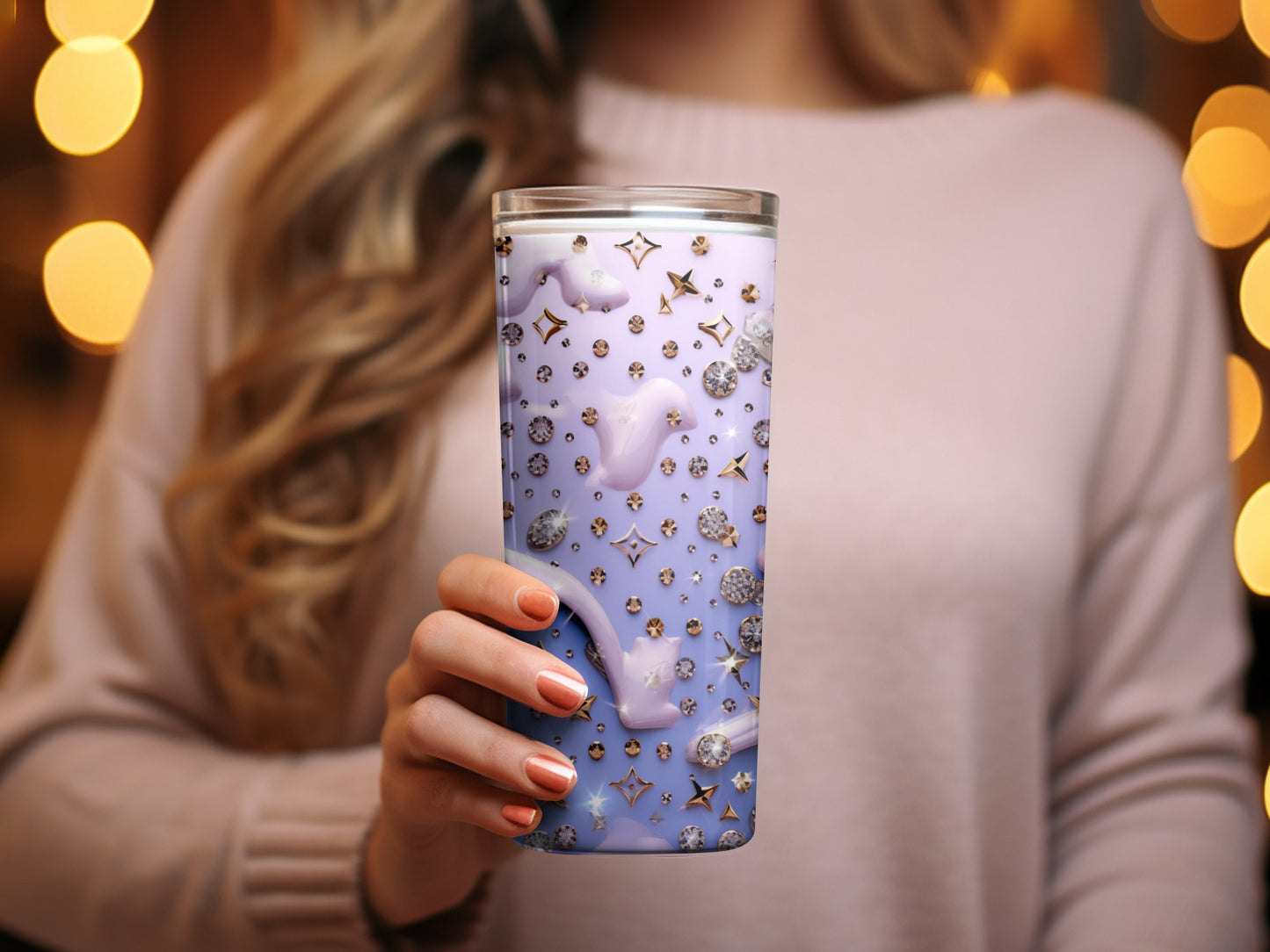 Luxury Designer Inspired Tumbler, Glitter Diamond Fashion Travel Cup, Gift for Her, Bling Coffee Mug, Unique Chic Drinkware Accessory