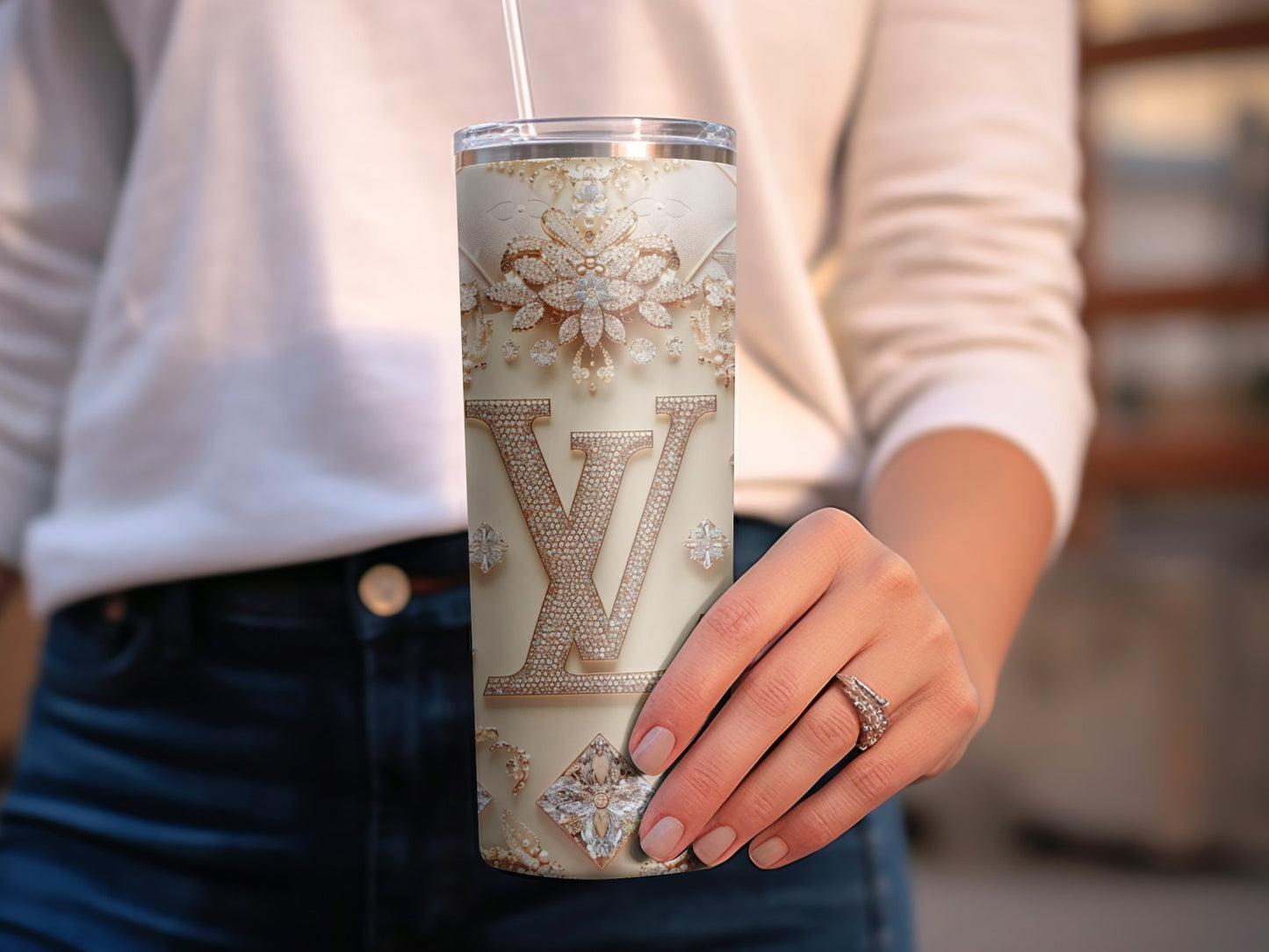 Crystal Beige Pink Gold 20oz Skinny Louis Vuitton Tumbler Wrap Fashion Tumbler Wrap Luxury Tumbler Wrap Glitter Tumbler Wrap