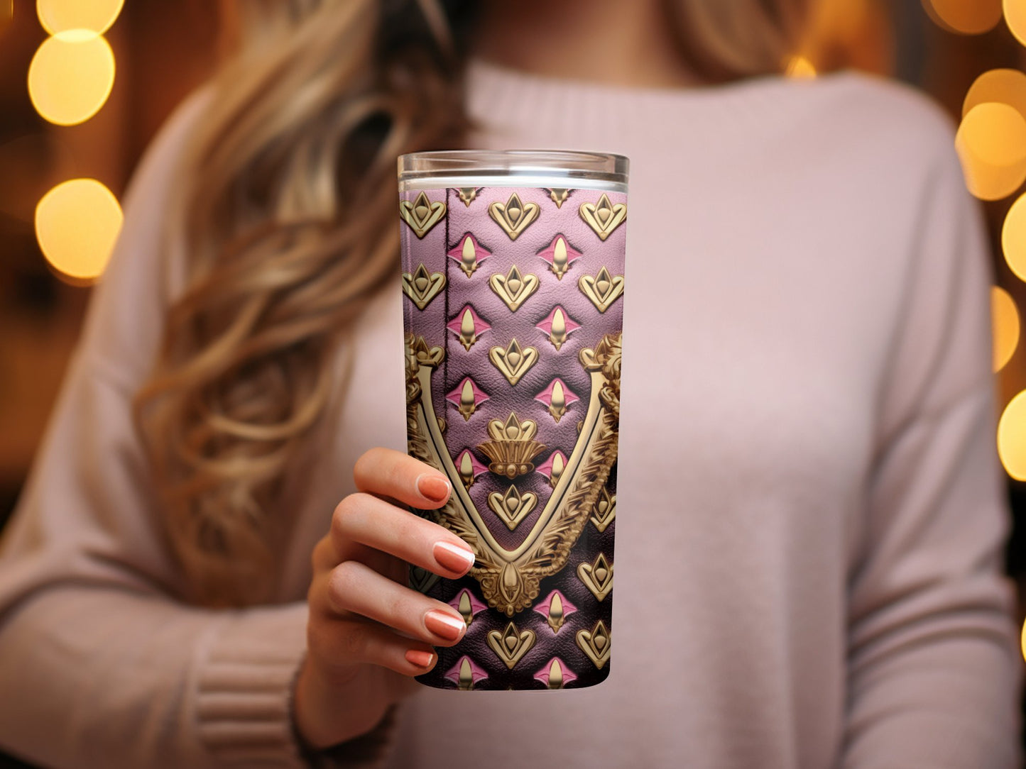 Luxurious Golden Embossed Hearts on Pink Tumbler, Elegant Travel Cup, Baroque Style Metal Finish Drinkware, Gift for Her