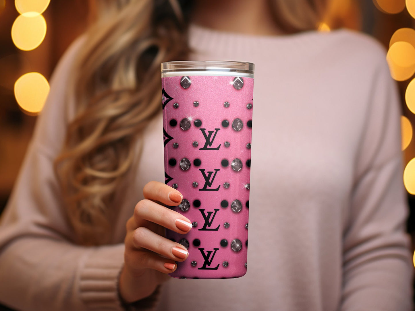 Designer Inspired Pink Glitter Tumbler, Luxury Brand Emblem, Sparkly Stainless Steel Drinkware, Personalized Gift Idea