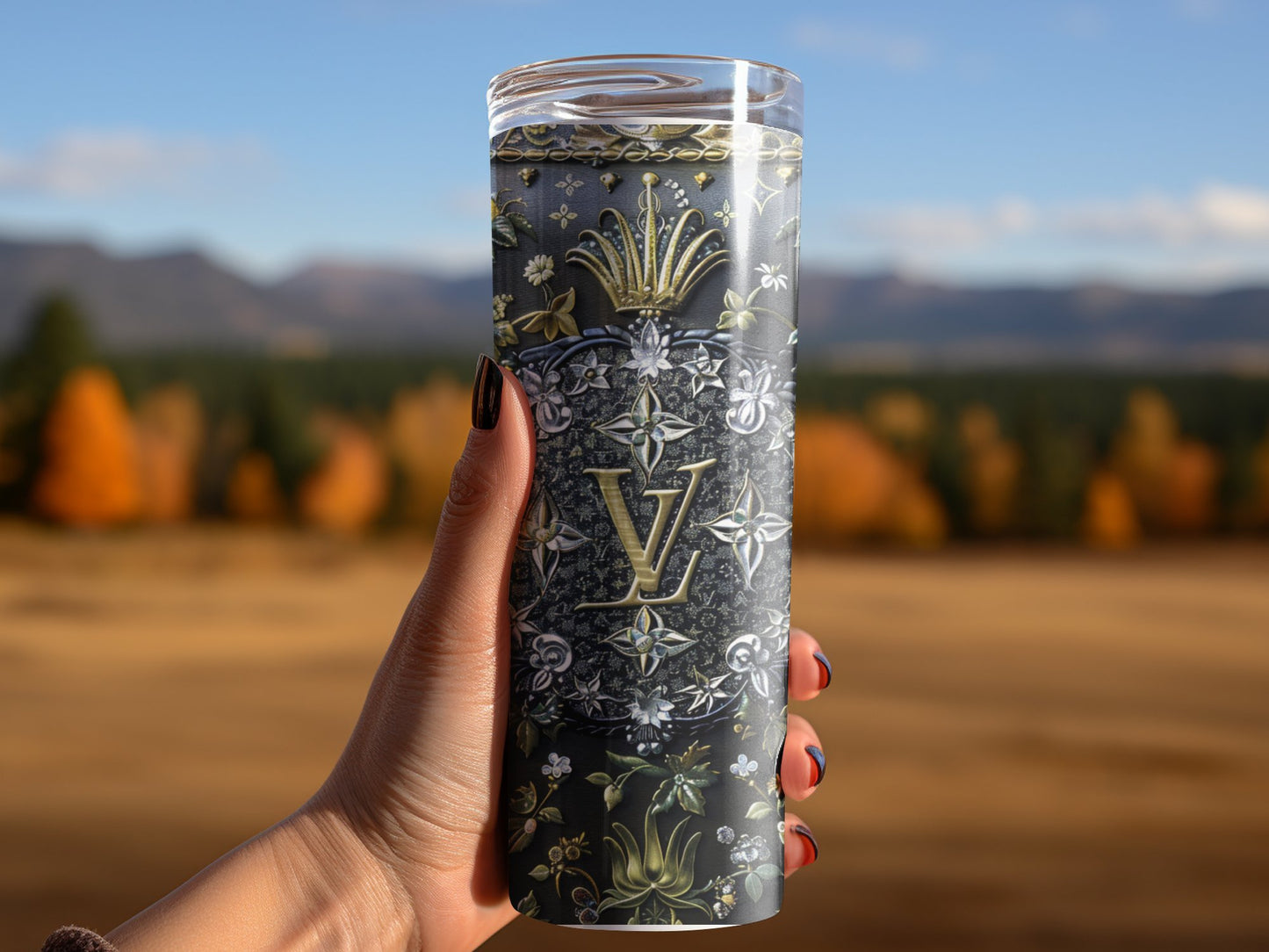 Floral Lucky Tree Green Lv Logo  Gold Tumbler Wraps 20 oz, Fashion Luxury Logo Tumbler Wrap Png Bundle, Tumbler Design,Digital Download PNG,Logo Brand Tumbler , 20oz Skinny , Tumbler Wrap Bundle Designs