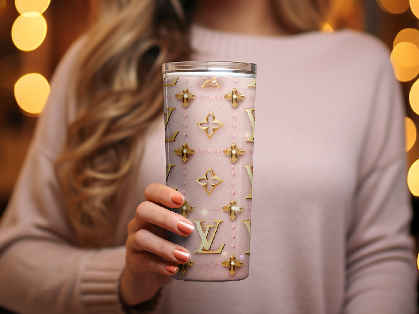 Designer Pattern Pink Tumbler, Luxury Brand Stylish Travel Mug, Fashionable Insulated Cup, Chic Coffee Lover Gift