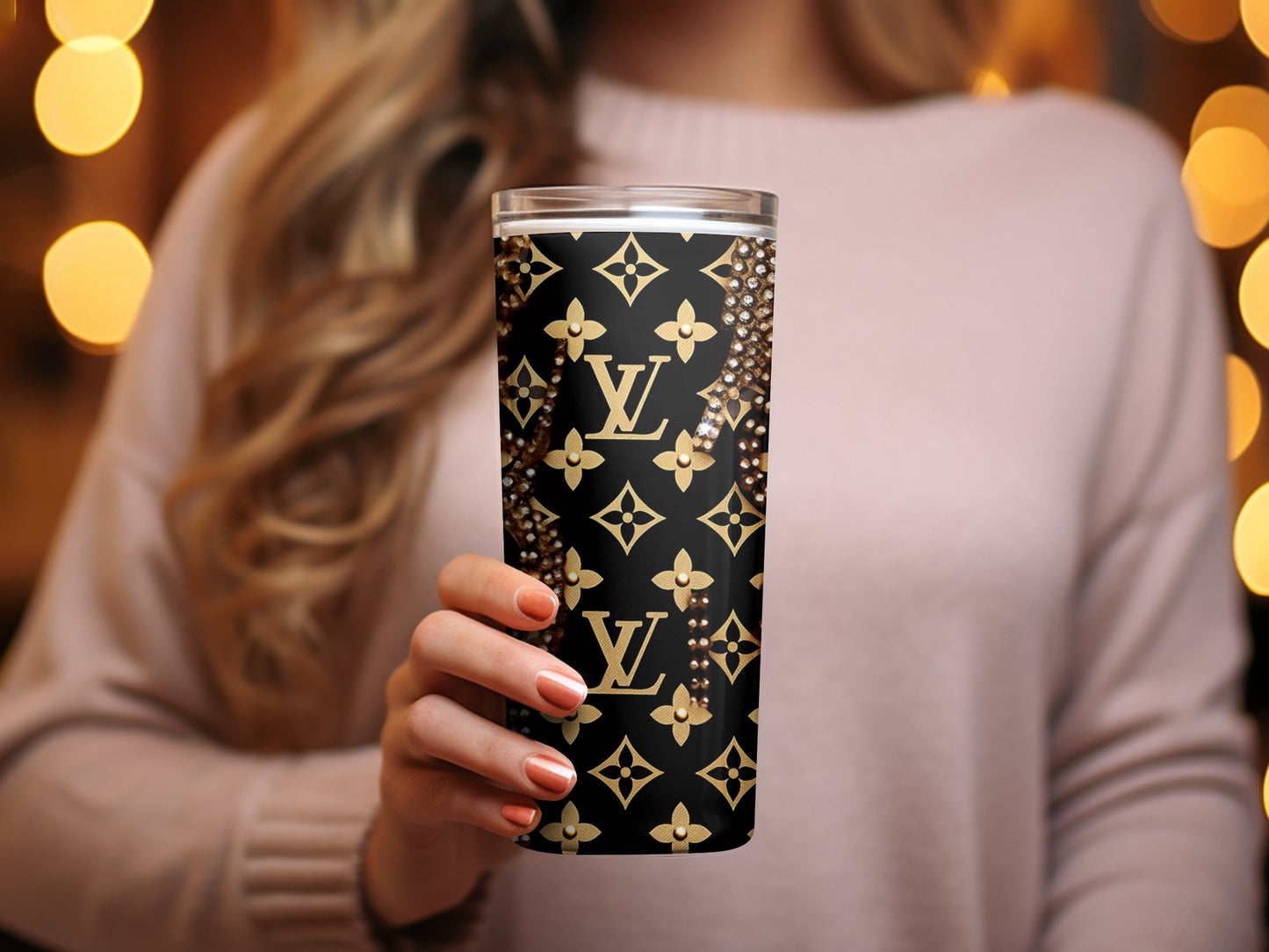 Designer Inspired Gold and Black Tumbler with Sparkling Accents for Fashion Lovers