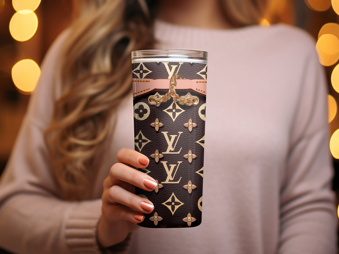 Designer Pattern Insulated Tumbler, Luxury Brand Style Travel Mug, Fashionable Coffee Cup for On-the-Go, Stylish Drinkware Accessory