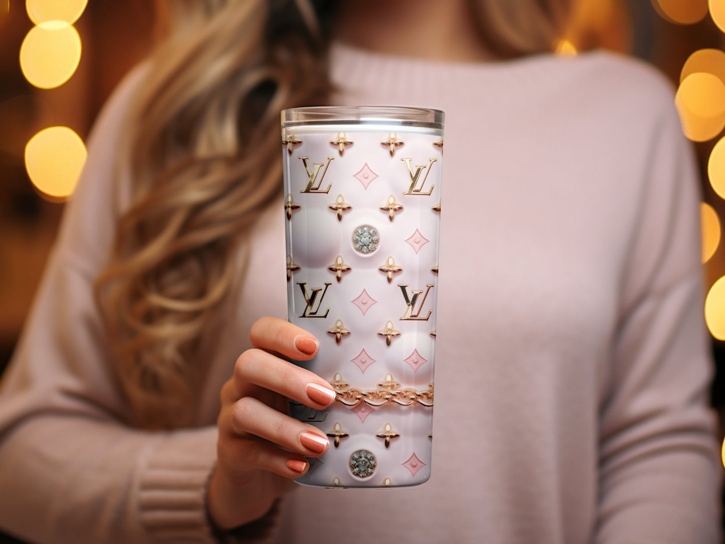 Designer Inspired Pink Glitter Tumbler, Luxury Fashion Brand Tumbler, Gift for Her, Sparkly Drinkware, Stainless Steel Insulated Cup