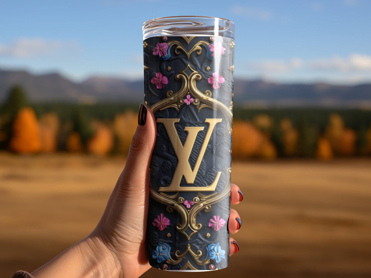 Black Pink Floral Lv Logo  Gold Tumbler Wraps 20 oz, Fashion Luxury Logo Tumbler Wrap Png Bundle, Tumbler Design,Digital Download PNG,Logo Brand Tumbler , 20oz Skinny , Tumbler Wrap Bundle Designs