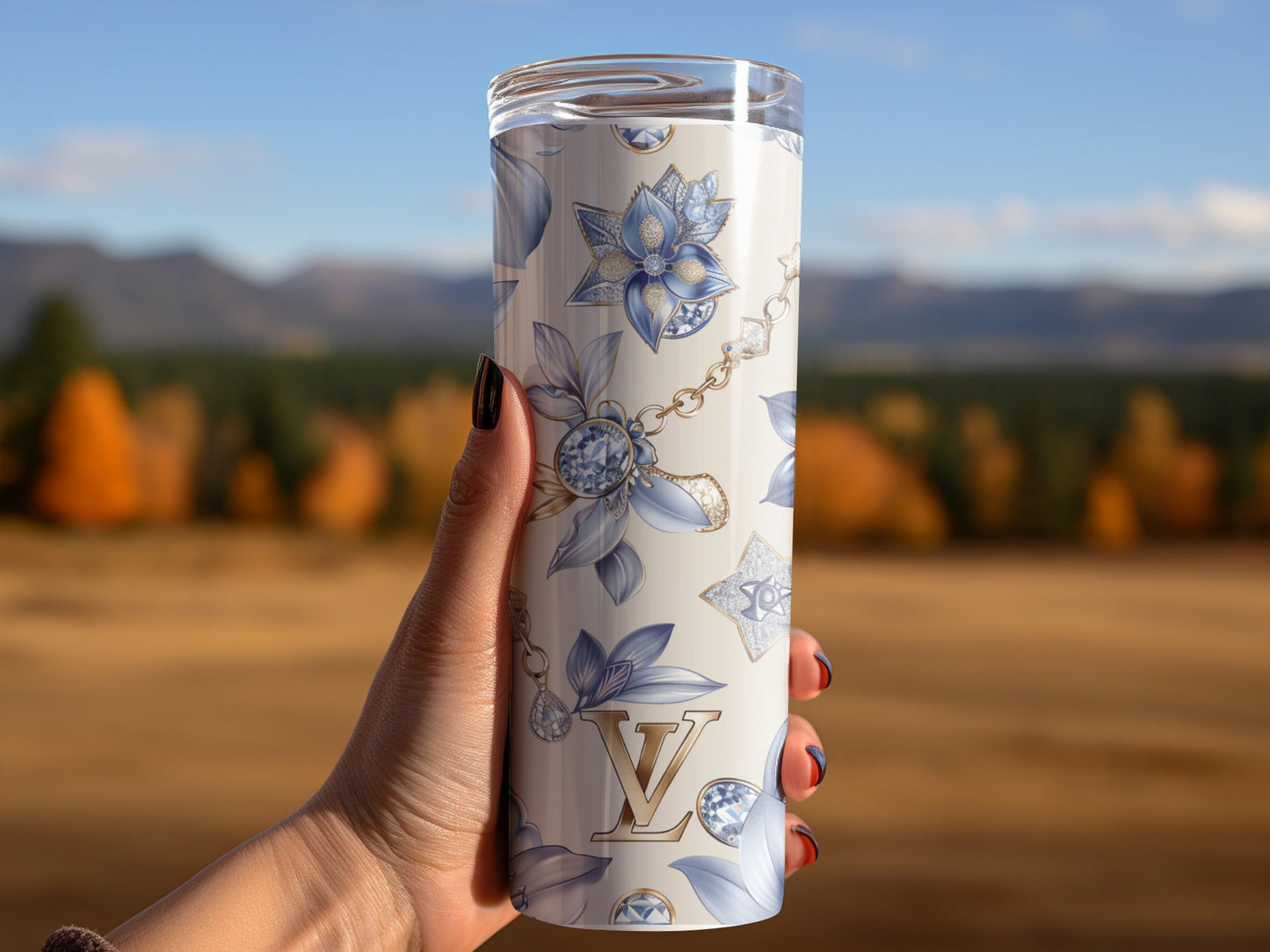 Beige Blue Gold Logo 20oz Skinny Louis Vuitton Tumbler Wrap Fashion Tumbler Wrap Luxury Tumbler Wrap Glitter Tumbler Wrap Fashion Tumbler Wrap