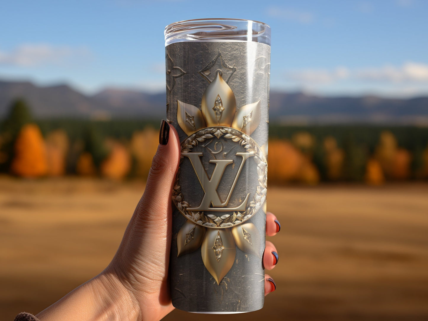 Metallic Beige Gold Lv Logo  Gold Tumbler Wraps 20 oz, Fashion Luxury Logo Tumbler Wrap Png Bundle, Tumbler Design,Digital Download PNG,Logo Brand Tumbler , 20oz Skinny , Tumbler Wrap Bundle Designs