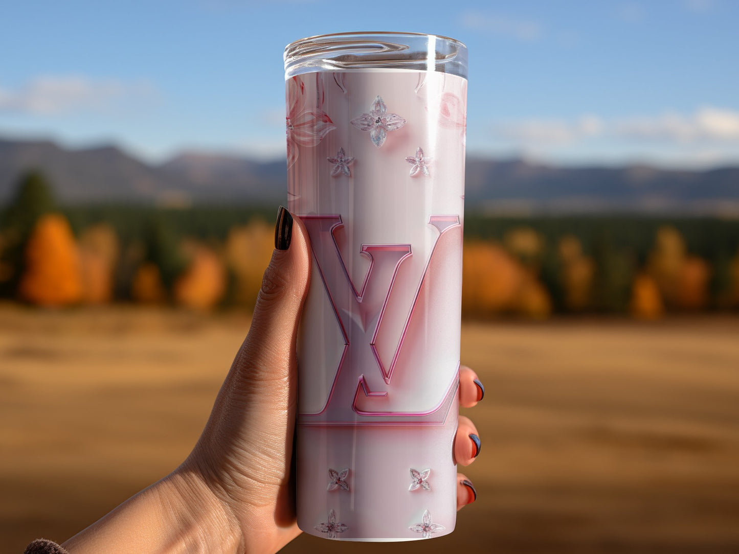 Pink Crystal Flower 20oz Skinny Lv PNG Louis Vuitton Tumbler Wrap Fashion Tumbler Wrap Luxury Tumbler Wrap Glitter Tumbler Wrap