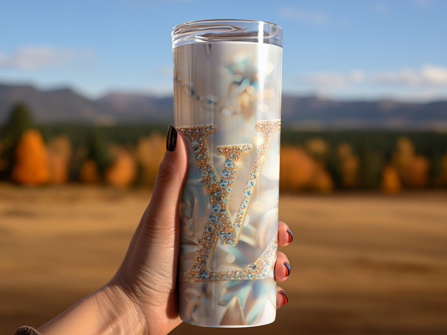 White Gold Flower 20oz Skinny Louis Vuitton Tumbler Wrap Fashion Tumbler Wrap Luxury Tumbler Wrap Glitter Tumbler Wrap