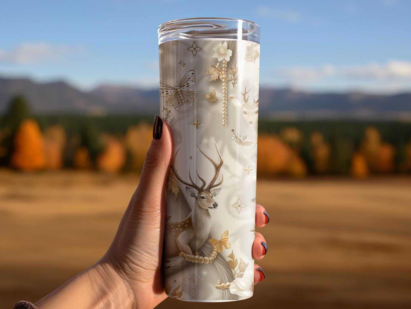 Deer Animal White and Gold 20oz Skinny Louis Vuitton Tumbler Wrap Fashion Tumbler Wrap Luxury Tumbler Wrap Glitter Tumbler Wrap