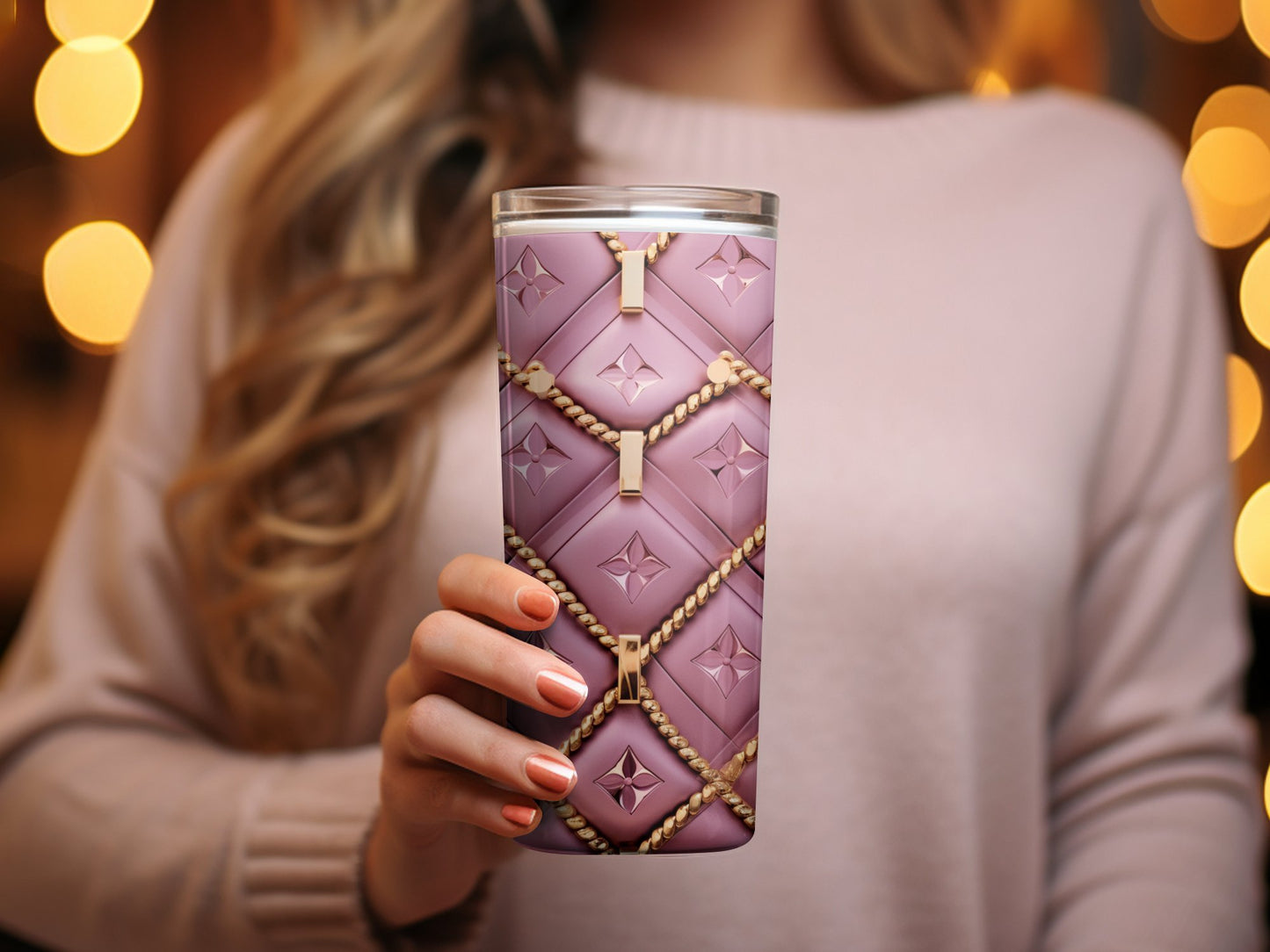 Purple Quilted Tumbler with Gold Chain Design, Elegant Drinkware, Unique Coffee Cup, Gift for Her, Fashion-Inspired Travel Mug