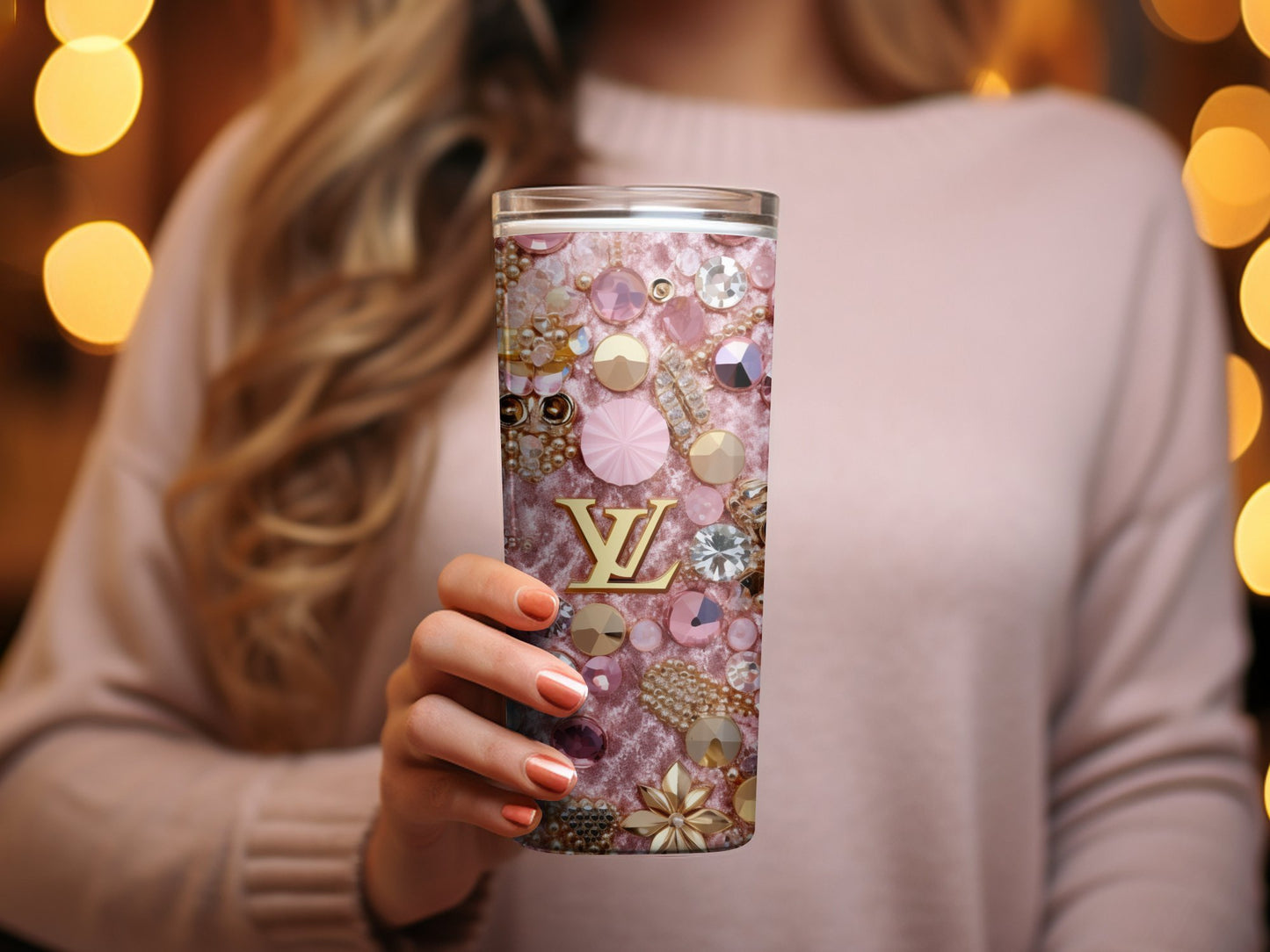 Luxury Brand Inspired Pink Glitter Tumbler with Gold Accents, Elegant Designer Drinkware