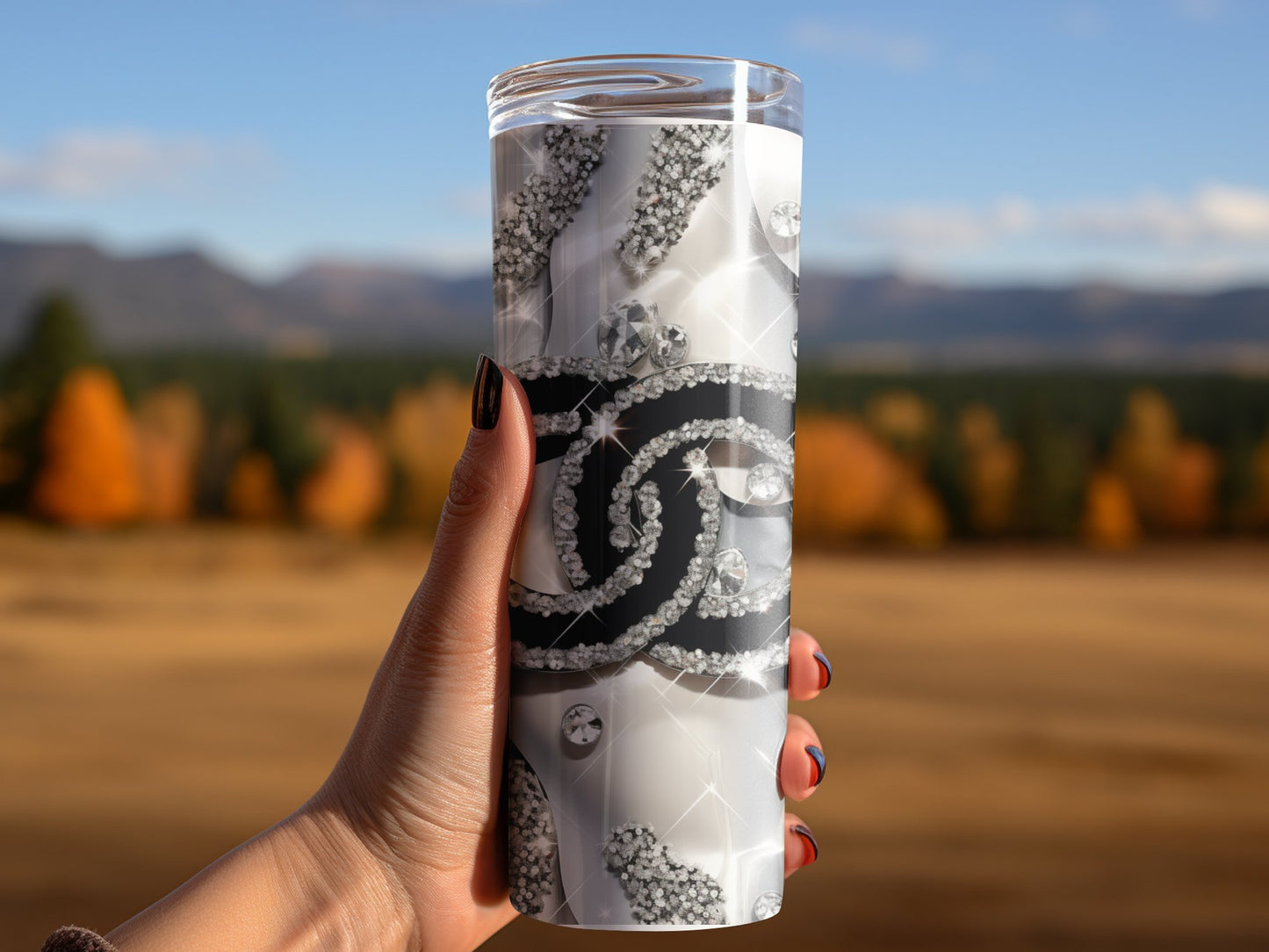 Sparkly White Black Chanel Logo  Gold Tumbler Wraps 20 oz, Fashion Luxury Logo Tumbler Wrap Png Bundle, Tumbler Design,Digital Download PNG,Logo Brand Tumbler , 20oz Skinny , Tumbler Wrap Bundle Designs