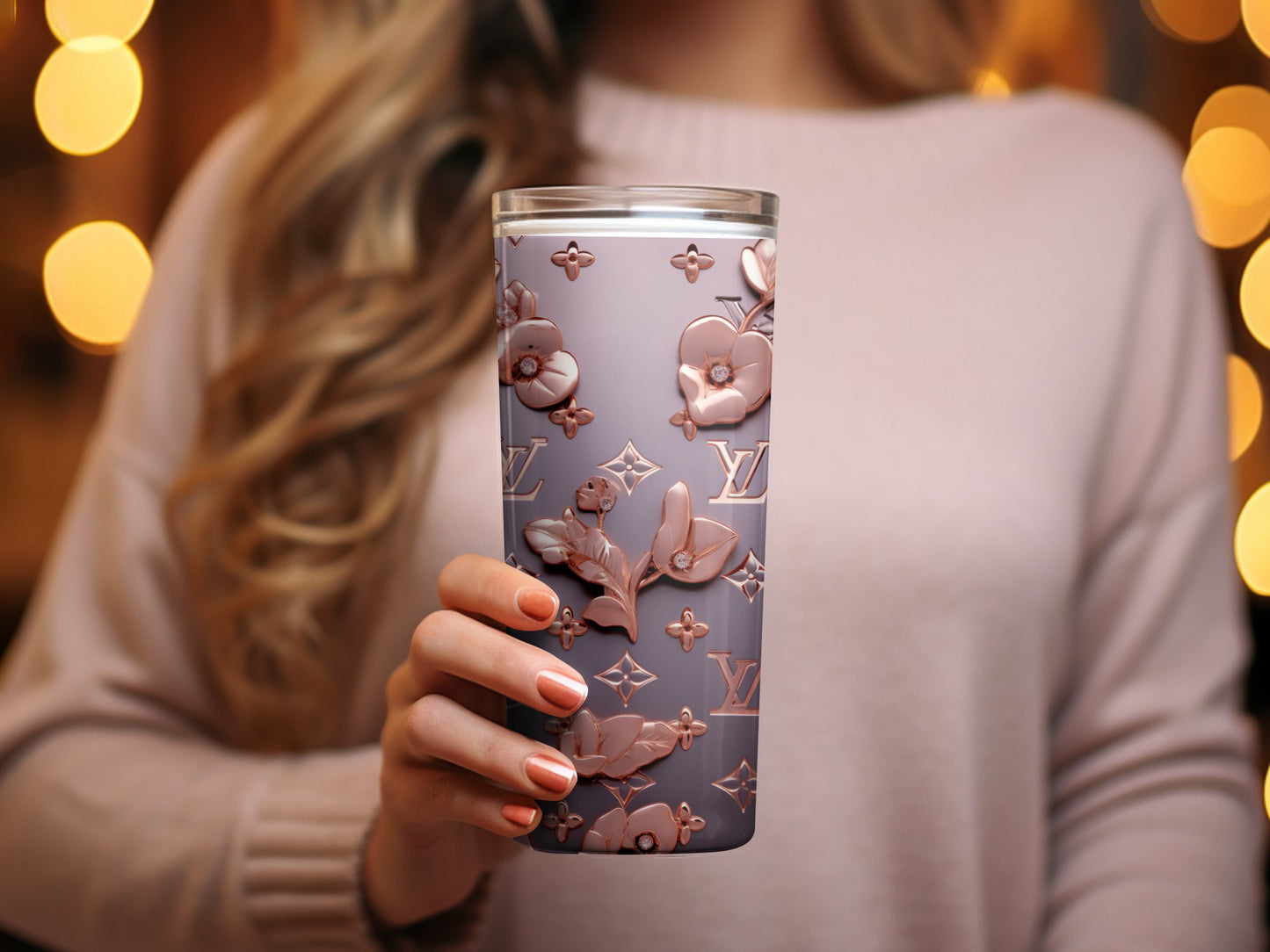 Elegant Floral Embossed Tumbler, Unique Copper Tone Textured Travel Cup, Perfect Gift for Her