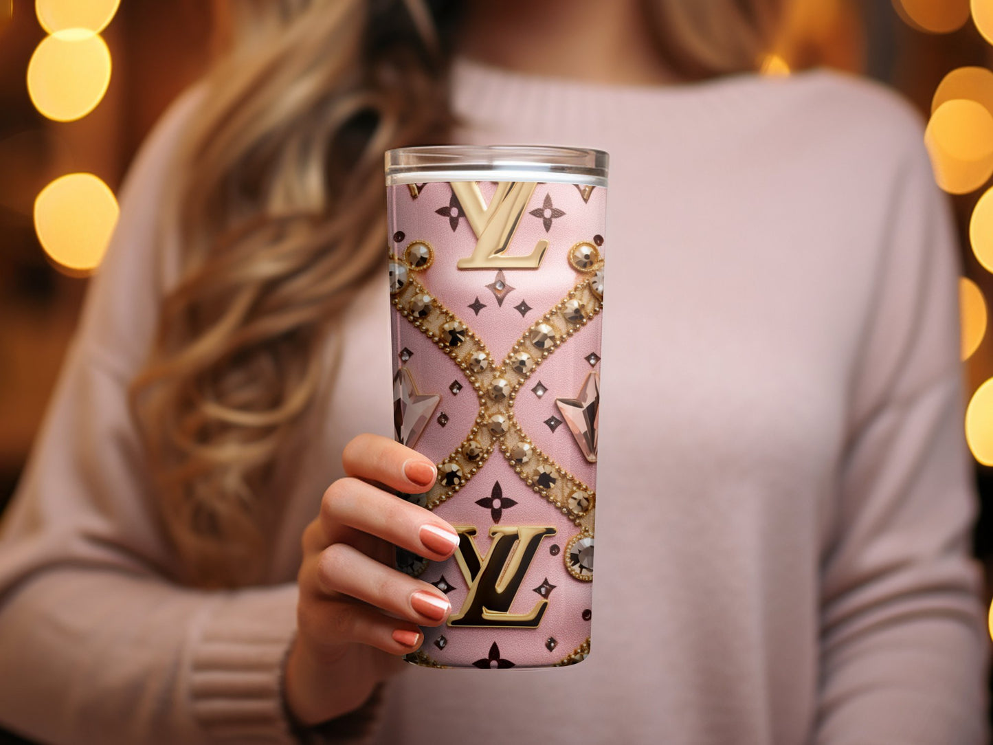 Luxury Brand Inspired Tumbler, Pink Gold Bling Travel Cup, Designer Style Coffee Mug, Elegant Gift for Her, Stylish Office Drinkware