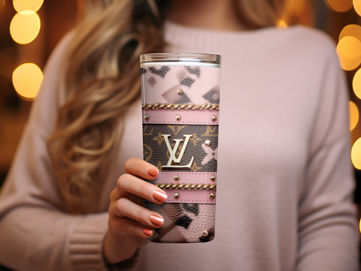 Designer Inspired Pink and Black Tumbler, Luxury Fashion Drinkware, Chic Portable Coffee Cup