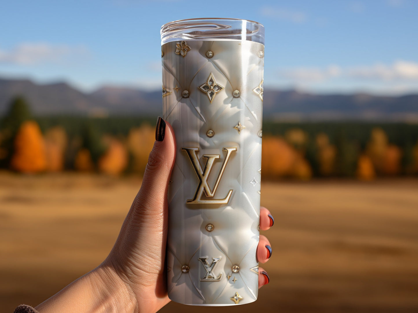 Metallic White Gold Logo Louis Vuitton Tumbler Wrap Fashion Tumbler Wrap Luxury Tumbler Wrap Glitter Tumbler Wrap