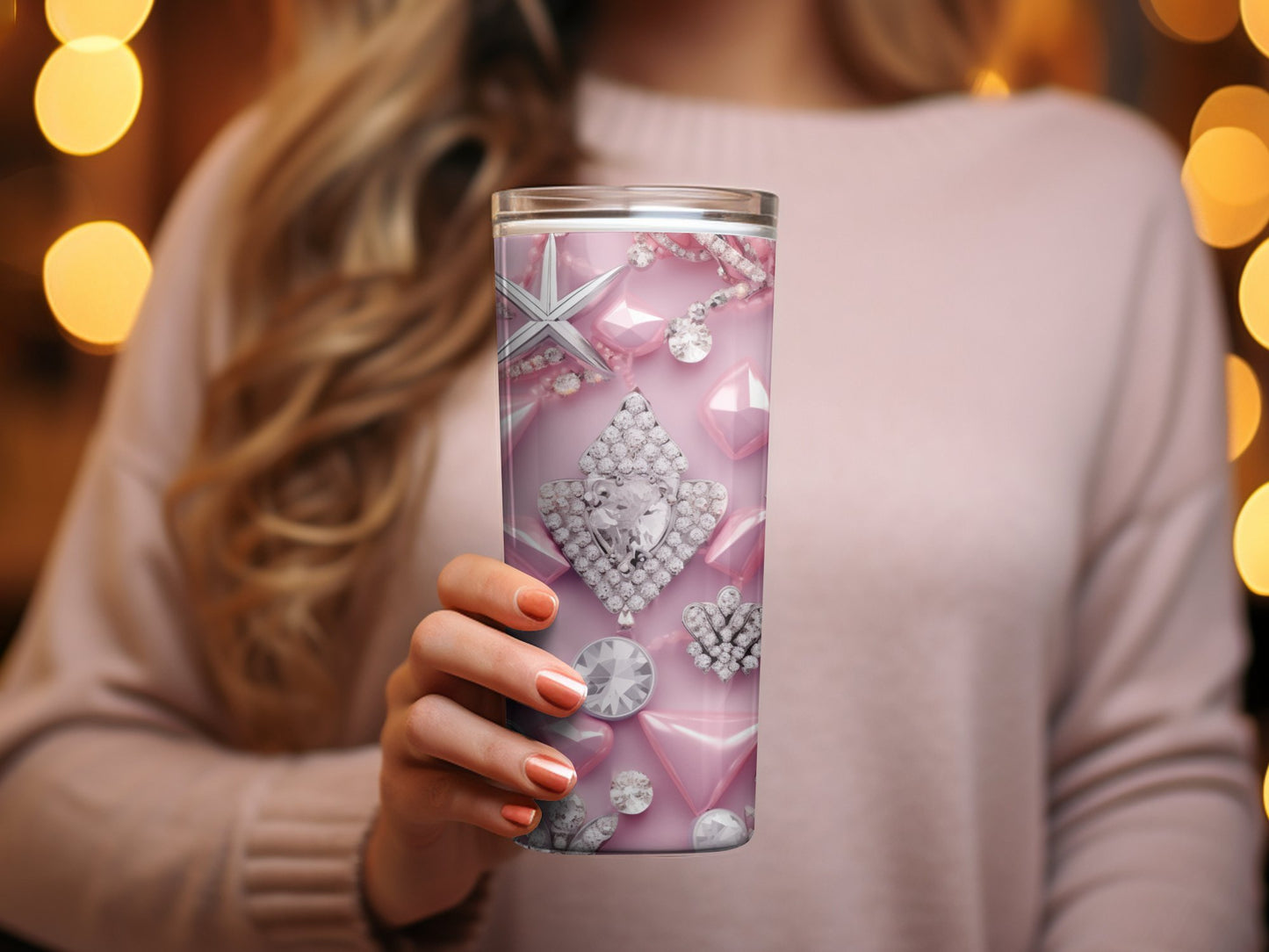 Sparkling Gemstones Pink Tumbler, Rhinestone Glitter Travel Mug, Elegant Coffee Tumbler, Chic Insulated Cup, Gift for Her